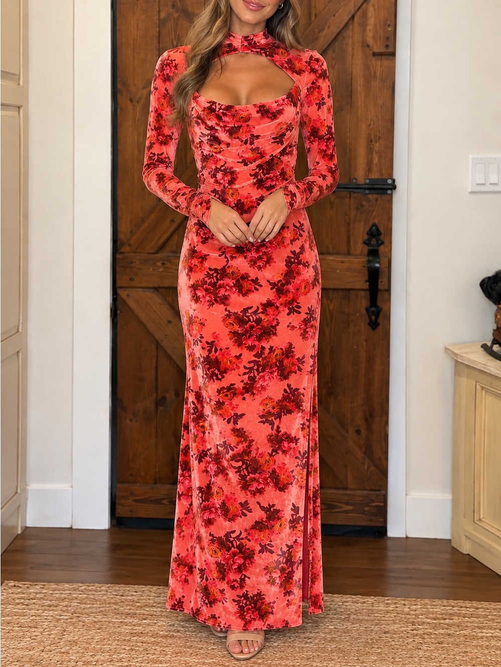 Anthropologie Coral Pink Floral Velvet Cutout Maxi Dress